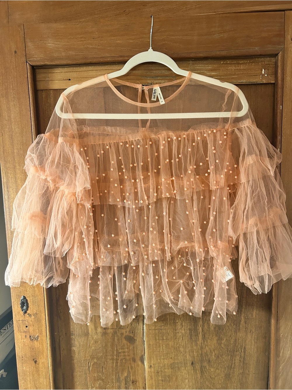 Peach Mesh Sheer Ruffle Layered Pearl-Embellished Top